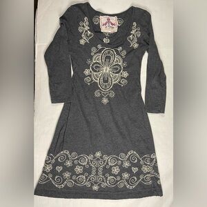 Johnny Was Charcoal Dress Cream Embroidery‎ Bohemian Spring Sz S long sleeves